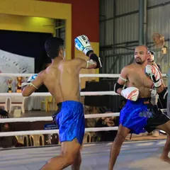Edukondal Rao in a heated striking exchange during his co-main event at THAI Battle 2023. His Muay Thai skills were on full display.