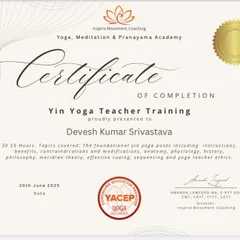 This certificate confirms my completion of a 30-hour Yin Yoga Teacher Training program, accredited by the Yoga Alliance. This training deepened my understanding of this meditative and restorative practice.