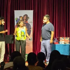 Here I am with two human puppets on stage. The more the merrier, and the more chances for hilarious, unexpected moments.