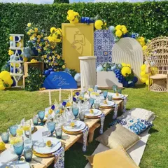 A vibrant and chic baby shower with a unique lemon and royal blue theme. This outdoor picnic setup shows our love for creative color palettes and detailed tablescaping, creating a joyful and aesthetic atmosphere for the mom-to-be.