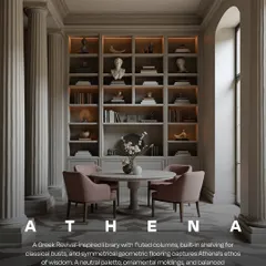 This AI-generated library is inspired by Athena, the goddess of wisdom. The Greek Revival style with fluted columns, built-in shelving for classical busts, and a neutral palette pays homage to ancient elegance and knowledge.