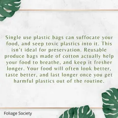 This text explains how plastic bags can trap moisture and potentially leach toxins into your food. In contrast, our cotton produce bags provide a breathable, natural, and healthier storage solution for your fresh groceries.
