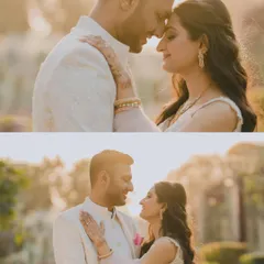 A diptych of a couple bathed in golden hour light during their outdoor engagement. These romantic, sun-flared portraits are perfect for capturing the magic of the day.