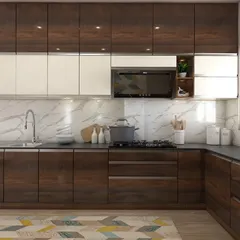 A two-tone kitchen design combining rich wood-grain lower cabinets with glossy white upper cabinets, set against a white marble backsplash.
