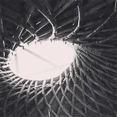 The completed roof of a yoga hall, inspired by the work of the great architect Revathi Kamath. This intricate, spiraling bamboo structure with a central skylight shows the incredible potential of bamboo as both a structural and aesthetic material in sustainable building.