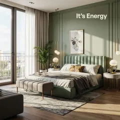 Your bedroom should be your personal sanctuary. Here, we've used a soothing sage green palette, elegant pendant lighting, and a comfortable upholstered bed to create a serene space that promotes rest and rejuvenation.