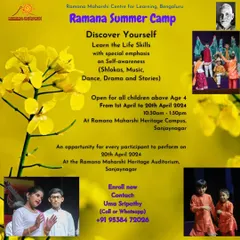 An invitation to our annual Ramana Summer Camp, a cornerstone of our youth programs. This poster highlights the core activities we offer: shlokas, music, dance, and drama, all designed to impart life skills with a special emphasis on self-awareness.