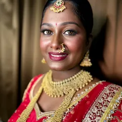 I believe dusky skin is a beautiful canvas that needs to be celebrated, not "corrected." Here, I enhanced my client's rich skin tone with warm, golden highlights and a bold lip for her South Indian bridal look.