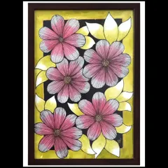 A mix of ink and watercolor, this piece features pink and white flowers against a bright yellow background. The fine ink lines define the petals, while the watercolor adds softness and color, creating a unique graphic floral style.