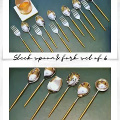 My sleek and modern cutlery collection, featuring two-toned designs with gold handles. The set includes both dining flatware and a matching set of serving spoons for a coordinated look.