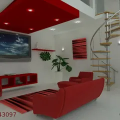 This 3D design shows how we can use bold colors to create a dynamic living space. The concept features a striking red false ceiling and matching furniture, contrasted with a clean white layout and a modern spiral staircase.
