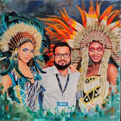 This was a complex and exciting 24" x 24" commission. The client wanted a group portrait from a photo taken at an event, and I loved recreating the intricate details of the feathered headwear and vibrant costumes.