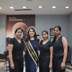 A few of our wonderful team members posing with our client, the newly crowned Mrs. India Empress Finesse 1st Runner Up. Their skill and dedication are what make our salon special.