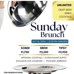 Another one of our popular Sunday Brunches, featuring unlimited craft beer, wines, and cocktails. This poster highlights the extravagant buffet and exclusive live counters in a poolside ambiance.