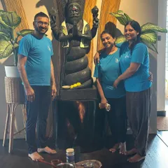 A moment from our Holi celebration, standing before the statue of Maharishi Patanjali. The havan fire in the foreground symbolizes the transformative power of our spiritual practices.