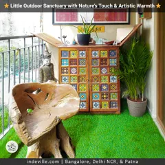 To add a splash of color and personality to this balcony, I incorporated a custom cabinet with vibrant, patterned tiles. It provides practical storage while serving as a unique piece of decor.