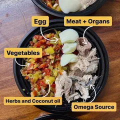 I have no secrets. This is what a balanced, species-appropriate meal looks like. It's a mix of high-quality protein from meat and organs, omega-3s from fish, fiber from fresh vegetables, a whole egg for nutrients, and beneficial herbs and coconut oil. It's not dog food, it's just food.