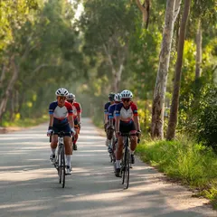A perfect paceline on a quiet country road. Our training rides help us build endurance, practice drafting, and get stronger together as a team.