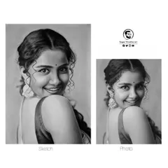 Here is a comparison of my finished graphite sketch of actress Anupama Parameswaran next to the original reference photo. This shows my focus on achieving a high degree of accuracy in proportions and likeness, a fundamental skill for any portrait artist.