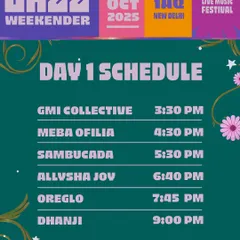 The Day 1 schedule for Jazz Weekender. We meticulously plan set times to build the energy throughout the day, from the afternoon sun to the final headline act under the stars.