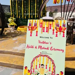 A personalized welcome sign for a groom's Haldi and Mehendi ceremony, featuring a custom caricature and event details.