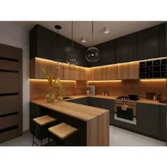 This U-shaped modular kitchen maximizes counter space and storage. The contrast between dark lower cabinets and warm wood uppers, highlighted by LED strip lighting, adds depth and character to the room.