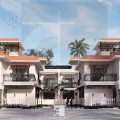 This render shows the front elevation of a proposed traditional bungalow scheme in Tungarli. We designed these homes to blend with the local character, featuring classic architectural elements like sloping roofs, balconies, and decorative railings.