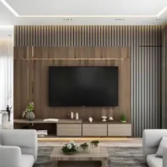 This expansive entertainment wall combines a sleek, low-profile console with a textured backdrop of vertical wooden slats. The design creates a sense of width and luxury, perfectly framing the television in a contemporary open-plan living room.