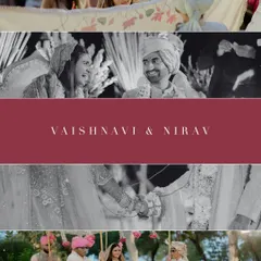 A collage of moments from Vaishnavi and Nirav's destination wedding in Udaipur. The black and white images with a deep red accent capture the timeless romance and heritage of Rajasthan.