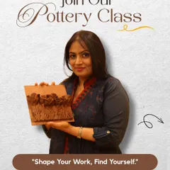 An advertisement for my pottery class, featuring a student holding a beautifully detailed clay relief panel. The tagline says it all: "Shape Your Work, Find Yourself."