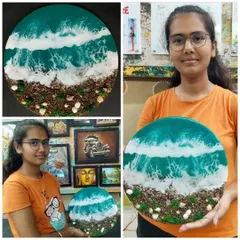 A collage showing a student with her incredible resin art beach scene. You can learn to create these realistic ocean effects, complete with waves and textured sand, in our specialized resin workshops.