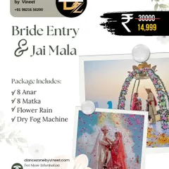 Our Bride Entry and Jaimala package includes everything needed for a magical moment. It comes with Anars, Matkas, a flower rain effect, and a dry fog machine to create a dreamy and cinematic ceremony.