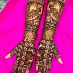 This intricate design combines the beauty of peacocks at the top of the arm with detailed grid patterns and lotus motifs on the hands.