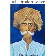 A portrait of a Rajasthani man, his magnificent turban painted with thick, textured strokes. The deep blue background makes his weathered features and proud expression stand out.