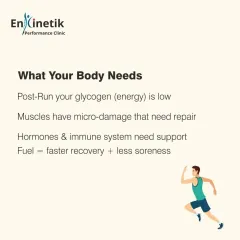 After a run, your body's energy stores are low and your muscles have micro-damage that needs repair. Proper fueling kickstarts this recovery process and reduces soreness.