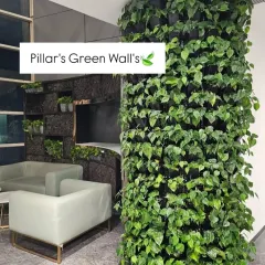 We believe any surface can be greened. Here, we wrapped an interior structural pillar in a custom vertical garden, turning a functional element into a beautiful, natural focal point within this modern office lounge.