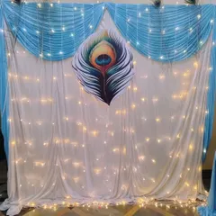 A simple yet elegant backdrop with a large peacock feather motif, white and blue drapes, and fairy lights.