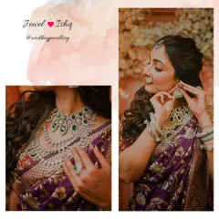 A modern take on the Marathi bridal look. This collage shows how we paired a traditional purple Nauvari saree with a stunning all-diamond necklace set for a fresh and glamorous feel.