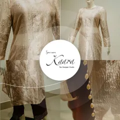 This collage showcases the subtle elegance of a hand-stitched net kurti. You can see the delicate pearl work on the sleeves and the textured fabric that gives the piece a quiet luxury.