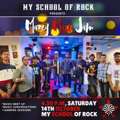 Another group shot from a 'Mazey Masti Jam,' showing musicians and enthusiasts gathered for a fun evening of music.