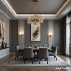 This formal dining room showcases classic elegance with its grey paneled walls, coffered ceiling, and a cascading crystal chandelier. The setting is perfect for sophisticated dinner parties, with comfortable seating for six.