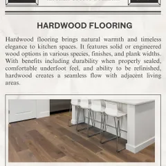 Hardwood flooring brings natural warmth and timeless elegance. When properly sealed, it's a durable option that creates a seamless flow with adjacent living areas.
