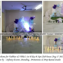 A magical "Twinkle Twinkle" theme for a twin first birthday. The decor features two moon props, a semi-arch backdrop, and a beautiful balloon arrangement in shades of purple and white.