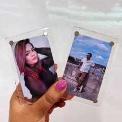 Here's another look at my custom acrylic fridge magnets. They are held together by small, strong magnets, making it easy to swap out photos whenever you like.