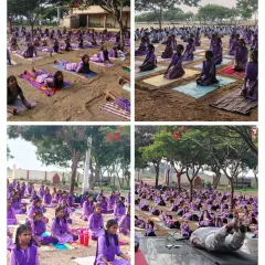 A large group of schoolgirls in purple uniforms participate in an outdoor yoga session. Yoga is a powerful tool for holistic development, and we encourage its integration into sports programs.