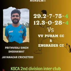 Prithviraj Singh Shekhawat's consistent performance in the 2nd Division league, taking 4 wickets in two consecutive games for Jayanagar Cricketers, one of our partner clubs.