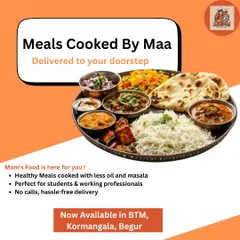 Meals cooked by Maa, delivered right to your doorstep. I serve healthy meals with less oil, perfect for students and working professionals in BTM, Koramangala, and Begur.