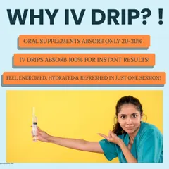 **Why choose an IV Drip?** Oral supplements have only 20-30% absorption, while IV drips offer 100% absorption for instant results. Feel energized and refreshed in just one session.