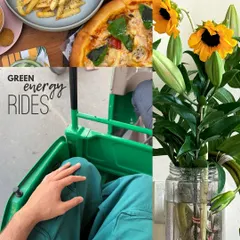 A collage of 'green energy rides'. The green of an electric auto, my trousers, and a vase of fresh flowers all contribute to this vibrant, eco-conscious color story.