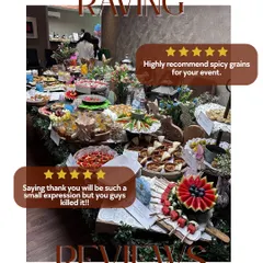 "Highly recommend spicy grains for your event." This collage of glowing reviews over one of our beautiful grazing tables fills us with immense gratitude and pride.